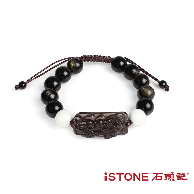 石頭記-冰種黑曜石貔貅手鍊-硨磲龍年特仕款◉20D012